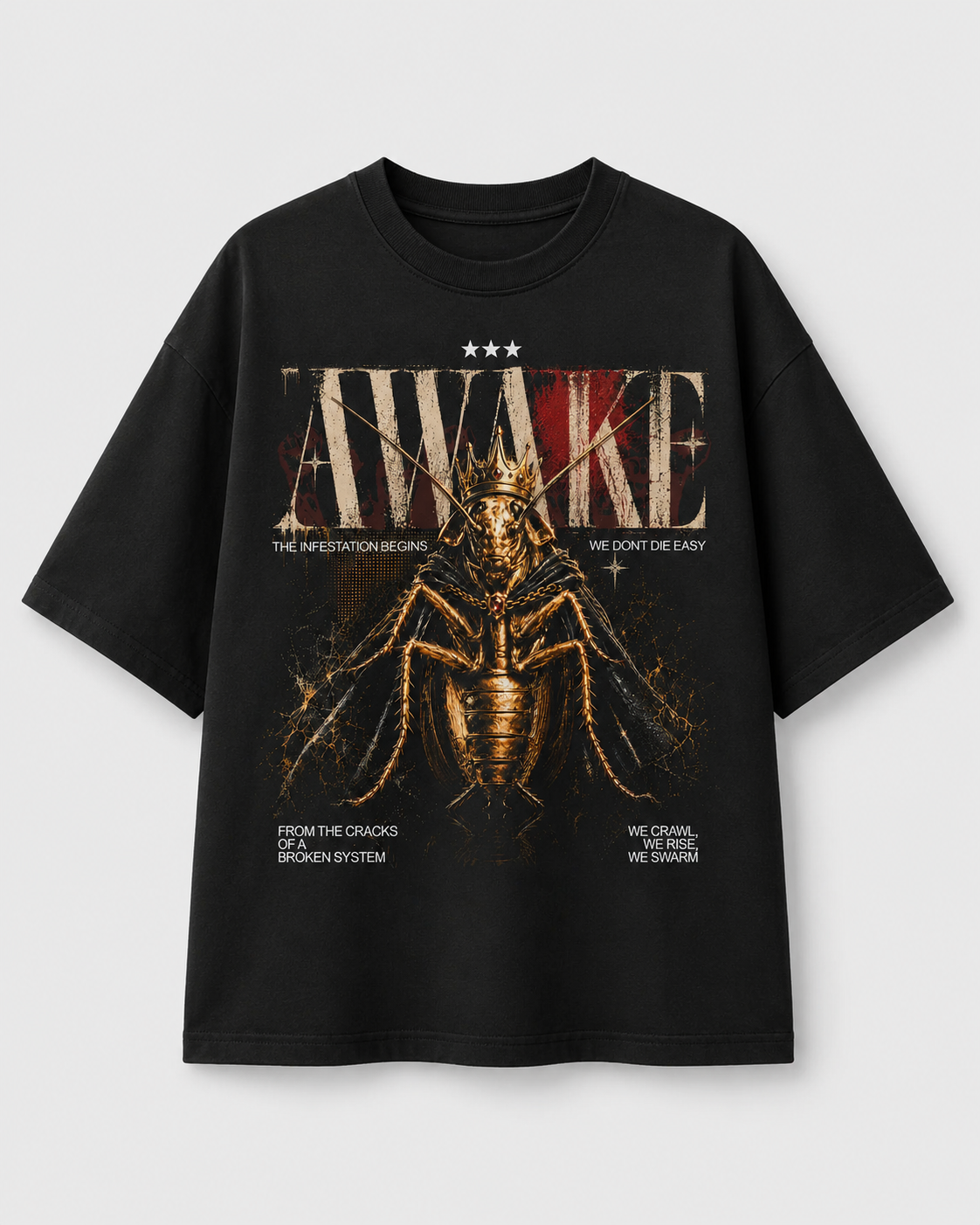 CJP AWAKE Cockroach Janta Party T-Shirt — Black Oversized Tee