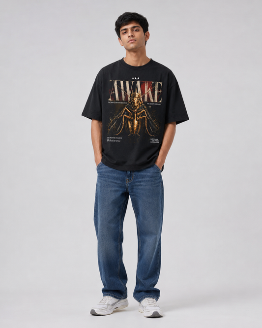 CJP AWAKE Cockroach Janta Party T-Shirt — Black Oversized Tee