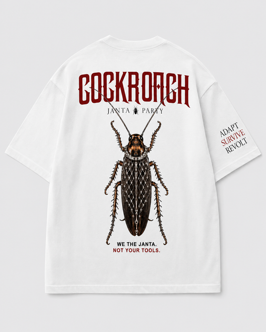 CJP We The Janta Cockroach Janta Party T-Shirt — White Oversized Tee