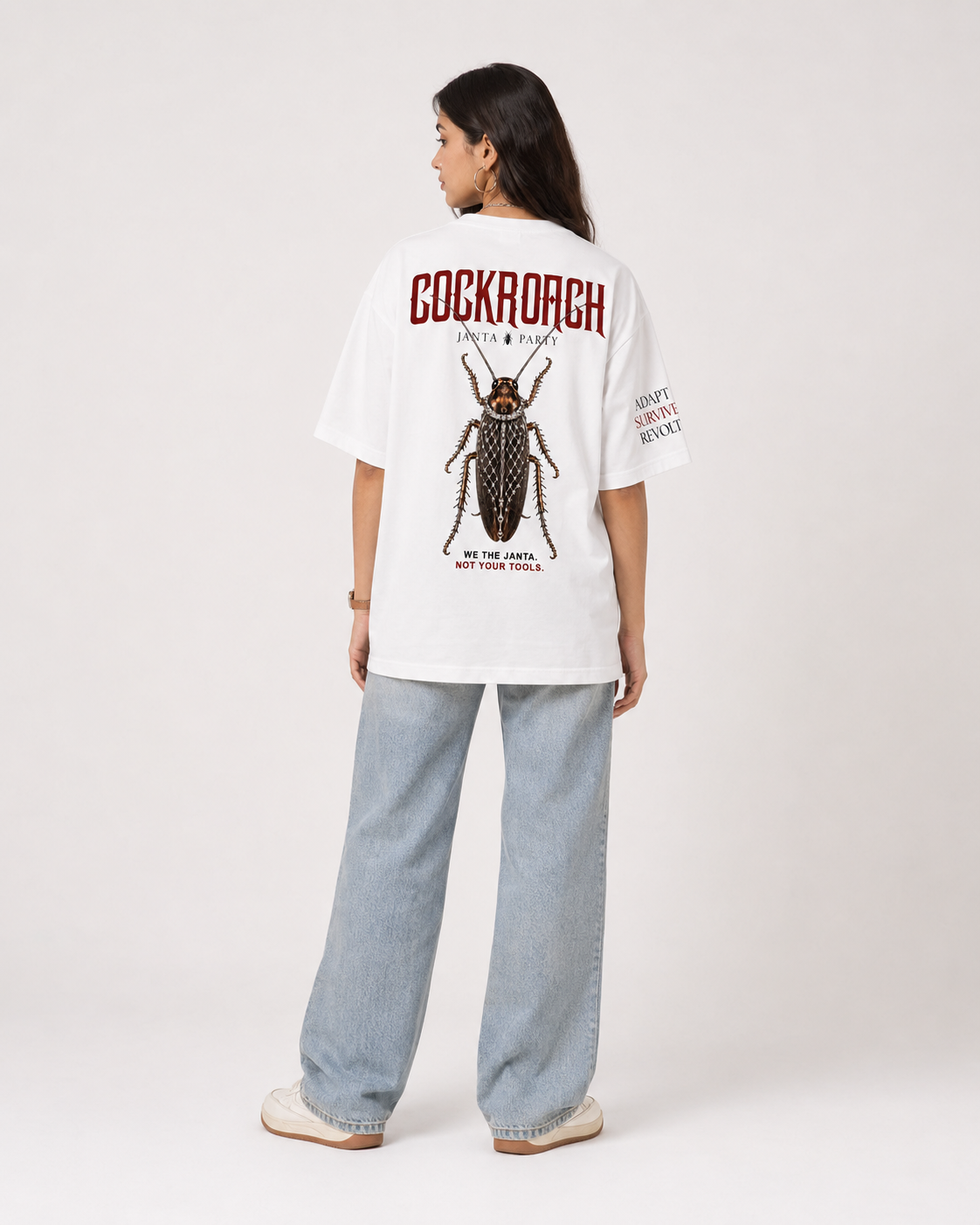 CJP We The Janta Cockroach Janta Party T-Shirt — White Oversized Tee